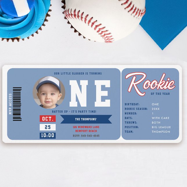 Invitation Baseball Rookie Statistiques Bleu Billet garçon 1e (baseball 1st birthday invite boy little slugger rookie of the year player stats blue ticket template)