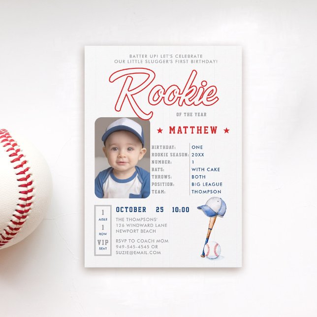 Invitation Baseball Rookie Statistiques Fun Photo Boy 1er ann (rookie of the year 1st birthday invite boy baseball theme sports player stats card ticket blue red)