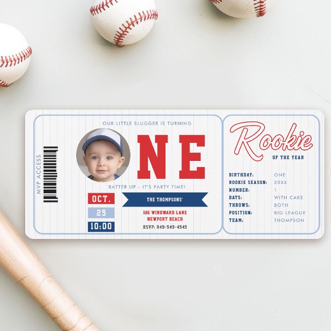 Invitation Baseball Rookie Statistiques Red Ticket Boy 1er An (baseball 1st birthday invite boy little slugger rookie of the year player stats red blue ticket )