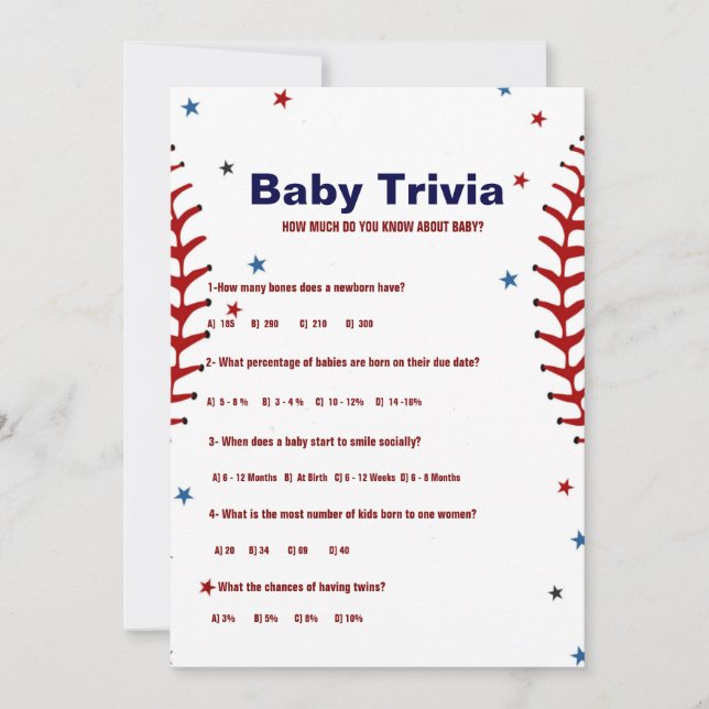 Invitation Baseball sport Baby trivia Baby shower game Card (Devant)
