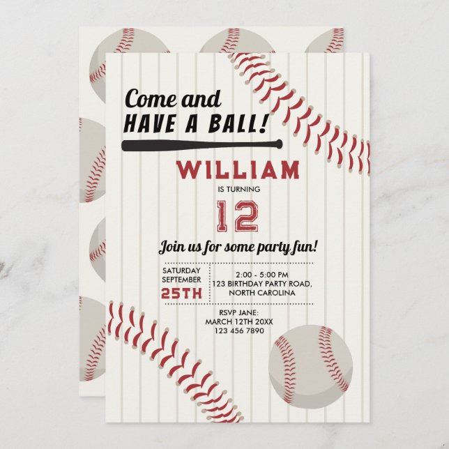 Invitation Baseball Sports Thème Anniversaire (Devant / Derrière)