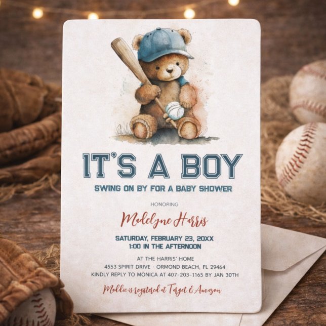Invitation Baseball Teddy Bear Watercolor Baby shower garçon (Créateur téléchargé)