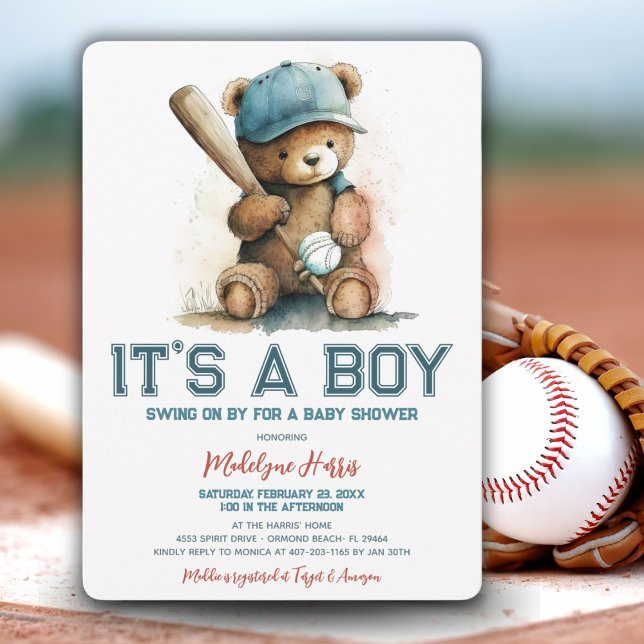 Invitation Baseball Teddy Bear Watercolor Baby shower garçon (Créateur téléchargé)