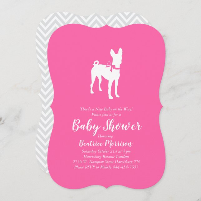 Invitation Basenji Chien Baby shower fille rose (Devant / Derrière)