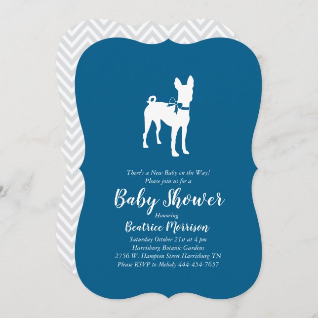 Invitation Basenji Chien Baby shower Garçon bleu (Devant / Derrière)
