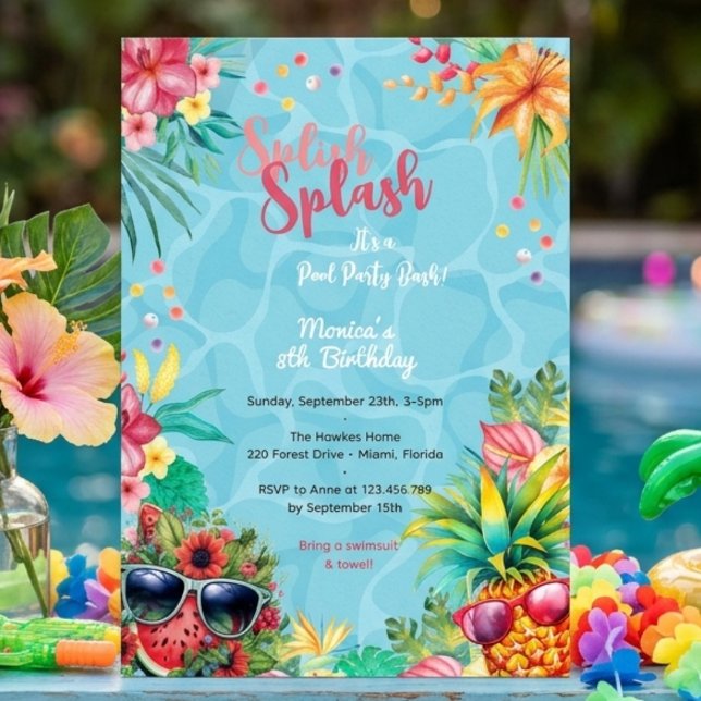 Invitation Bash d'anniversaire d'été piscine splash hawaïen (Créateur téléchargé)