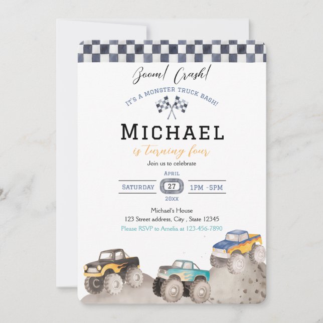 Invitation Bash de Monster Truck Boom Crash (Devant)