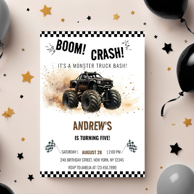 Invitation Bash de Monster Truck Watercolor Black Boom Crash (Créateur téléchargé)