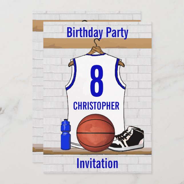 Invitation Basket-ball blanc et bleu Jersey Birthday Party (Devant / Derrière)
