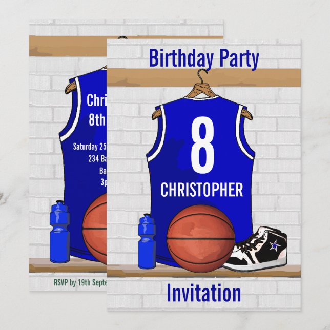 Invitation Basket-ball bleu blanc Jersey Birthday Party (Devant / Derrière)