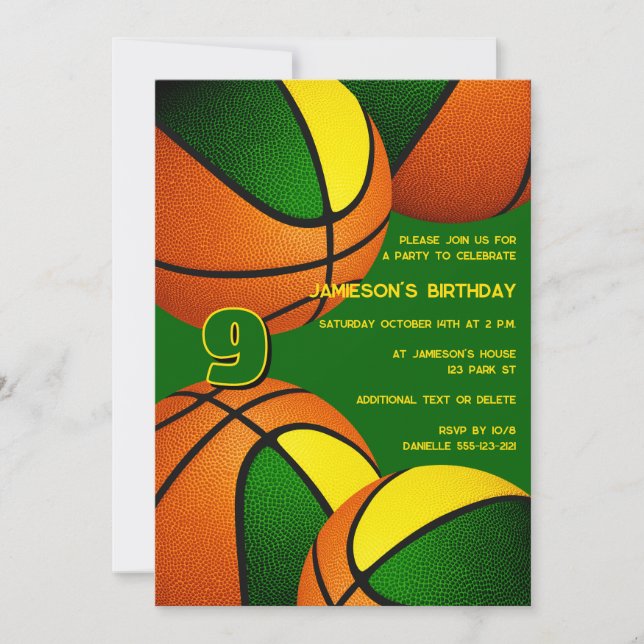 Invitation basket-ball en or vert enfants sport (Devant)