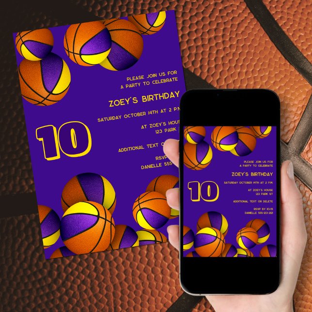 Invitation basket-ball en or violet enfants sport anniversair (front of invite, printed view & downloaded view on phone)