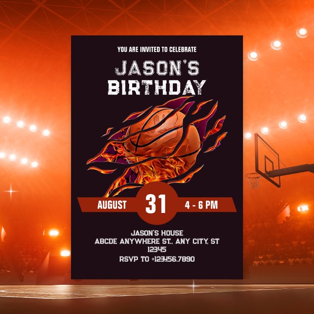Invitation Basket-ball moderne feu anniversaire  (Créateur téléchargé)