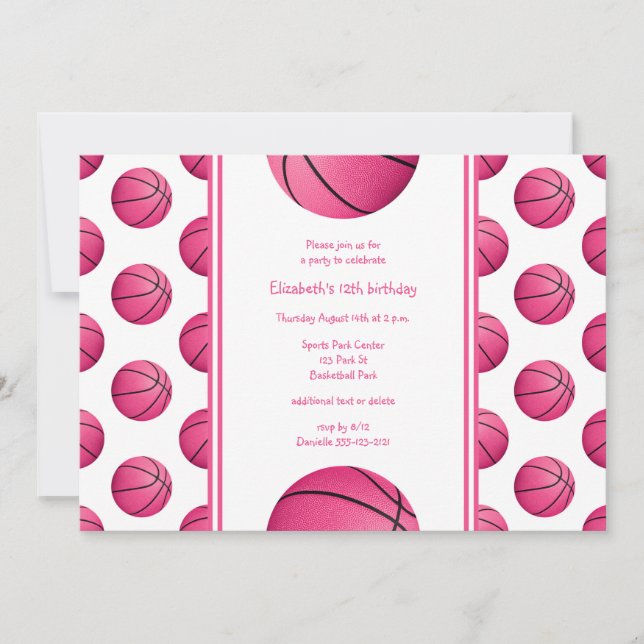 Invitation basket-ball rose motif sport fête d'anniversaire (Devant)