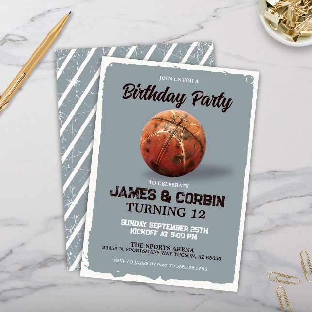 Invitation Basket-ball vintage Double fête d'anniversaire Spo (Modern vintage basketball theme double birthday party invitation or boy birthday party invites)