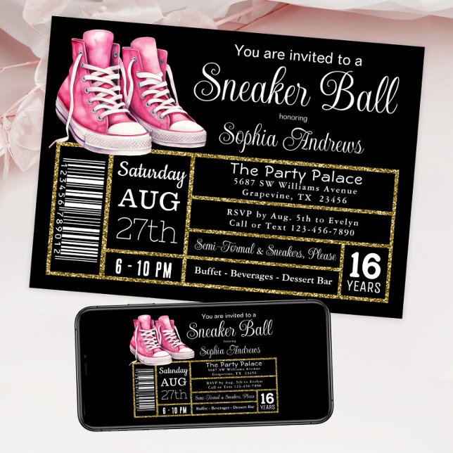 Invitation Basket rose noir balle Anniversaire fête de chauss (Pink sneaker ball invitation. Shoe box label sneaker ball invite. Instant download and print.)