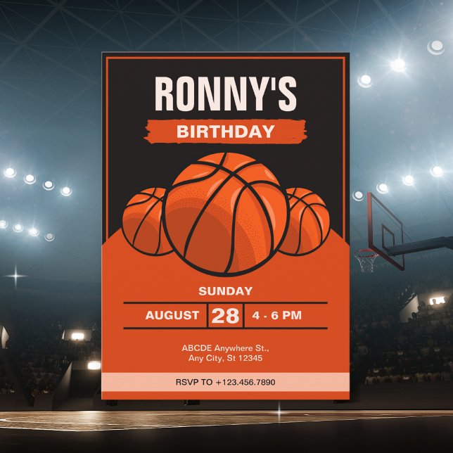 Invitation Basketball anniversaire noir orange iconique  (Créateur téléchargé)
