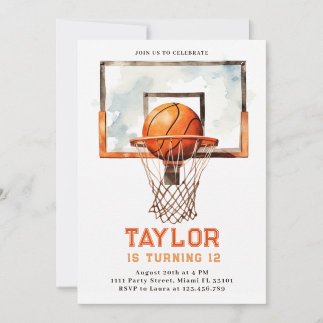 Invitation Basketball Ball Hoop Aquarelle Anniversaire (Devant)