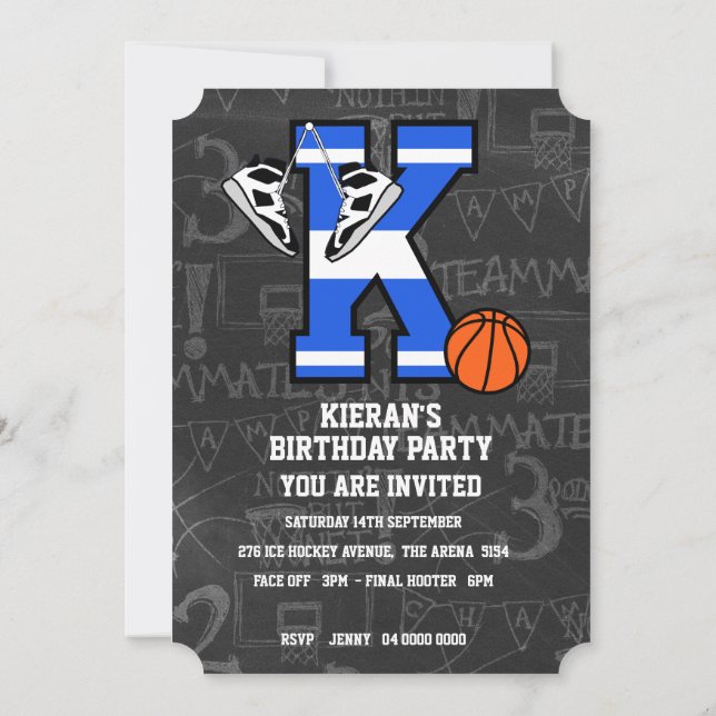 Invitation Basketball Lettré Initiale Personnalisé k (Dos)