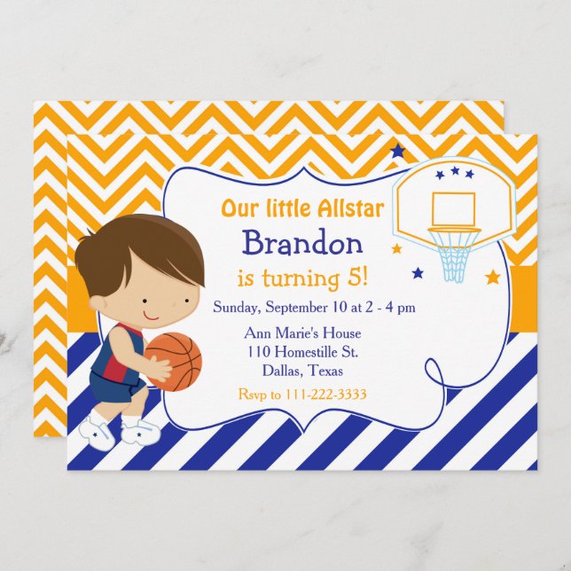 Invitation Basketball mignonne Brunette Boy Fête d'anniversai (Devant / Derrière)