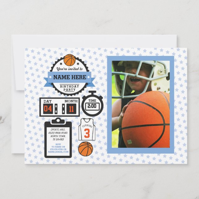 Invitation Basketball Photo Anniversaire Sport Party Blue Boy (Devant)