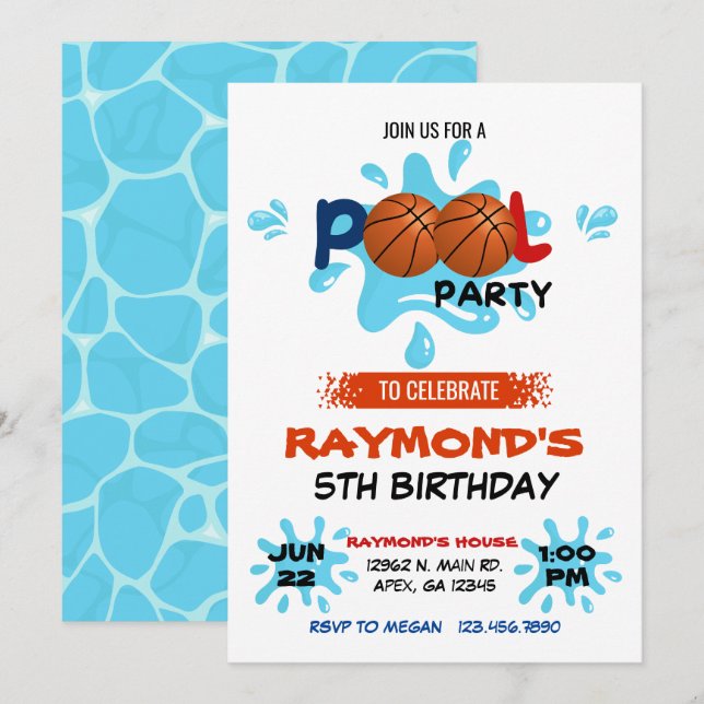 Invitation Basketball Pool Party Anniversaire (Devant / Derrière)