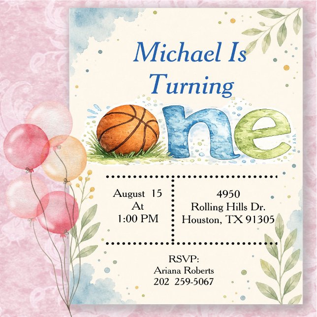 Invitation Basketball Premier Anniversaire Aquarelle (Créateur téléchargé)
