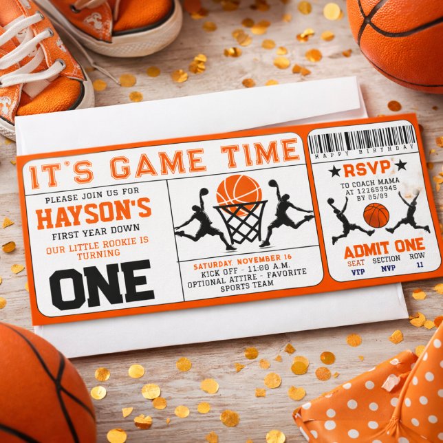 Invitation Basketball Premier Anniversaire Billet 1er Anniver (Basketball First Year Down Ticket 1st Birthday Invitation)