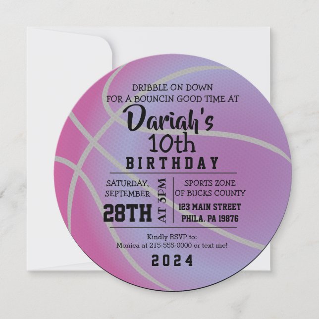 Invitation BASKETBALL ROND Anniversaire Fête PURPLE Invitatio (Devant)
