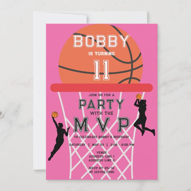 Invitation Basketball Sport Jumpman rose femme fille Annivers (Devant)