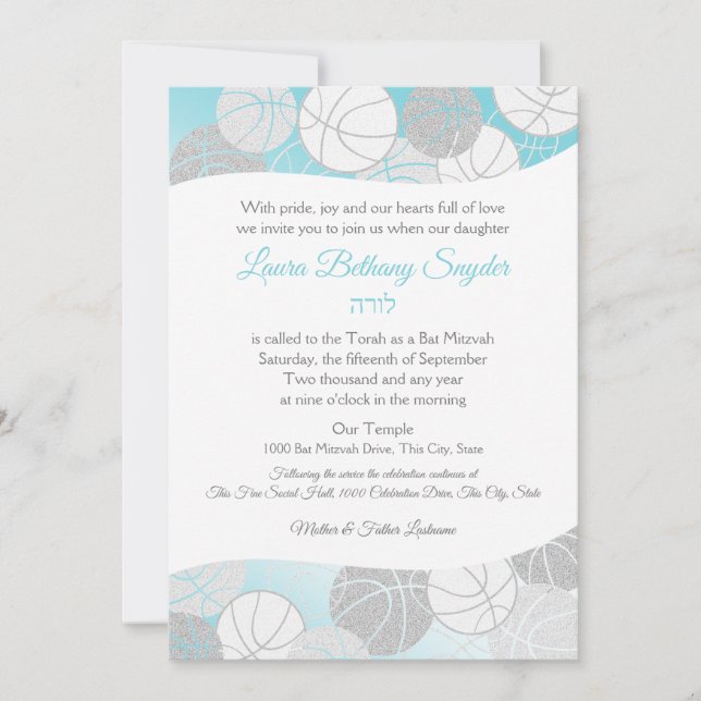Invitation Basketball Sports Bat mitzvah Bleu et Argent (Devant)