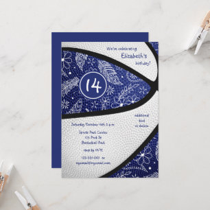 Invitation basketball sports bohème floral plumes blanc bleu