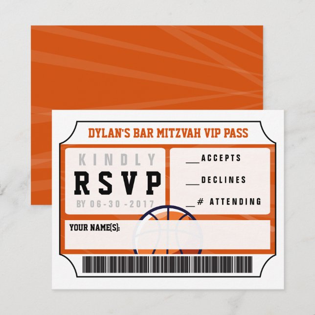 Invitation BASKETBALL VIP REPONSE CARD Bar Bat mitzvah (Devant / Derrière)