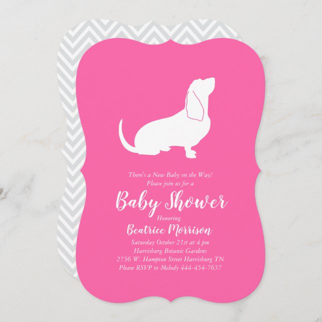 Invitation Basset Hound Chien Baby shower fille rose (Devant / Derrière)
