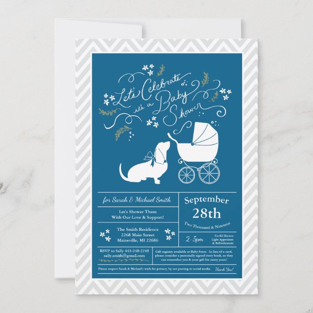 Invitation Basset Hound Chien Baby shower Garçon bleu (Devant)