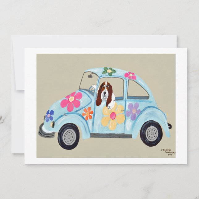 Invitation Basset Hound dans une voiture hippie (Devant)