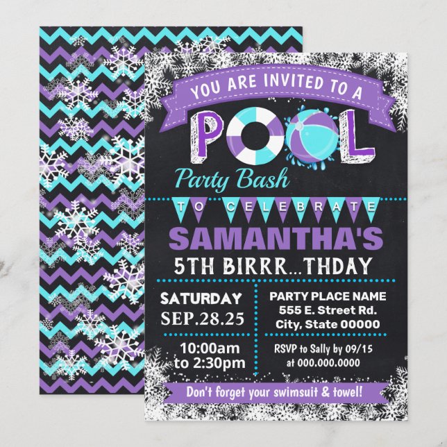 Invitation Bassin d'anniversaire de la piscine violet d'hiver (Devant / Derrière)