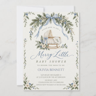 Invitation Bassinet de Noël Bleu Vintage pour Baby Shower