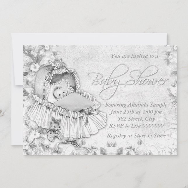 Invitation Bassinet Vintage Blanc Baby Shower (Devant)