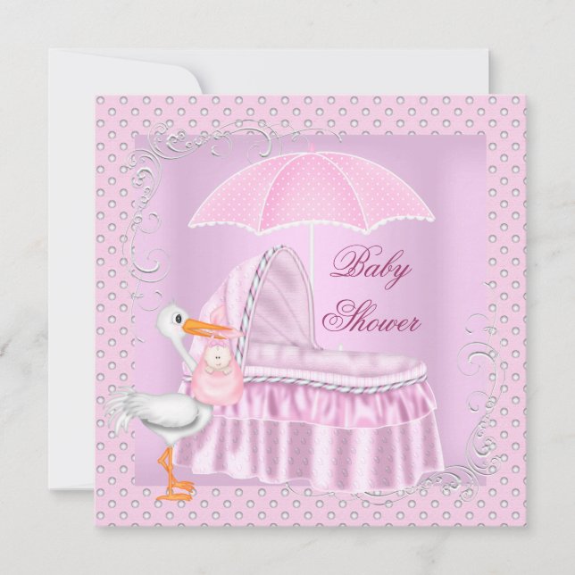 Invitation Bassinette parapluie Baby shower rose (Devant)
