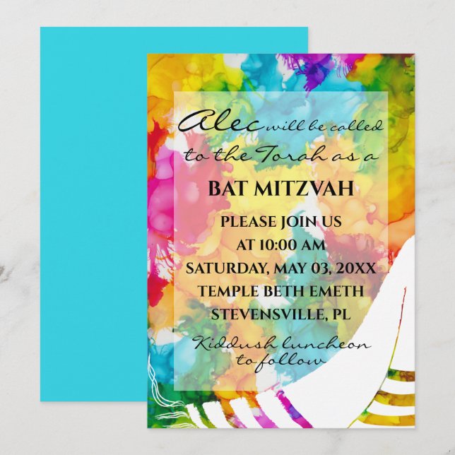 Invitation Bat Bar Mitzvah Splash de couleur Tallit Invitatio (Devant / Derrière)