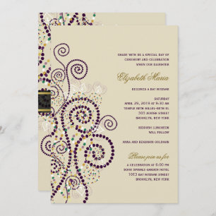 Invitation Bat Boho Purple Spirals Bat / Bar Mitvah Invitatio