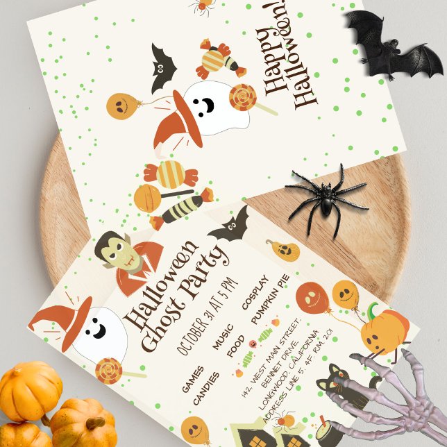 Invitation Bat Citrouille Orange Bat Ghost Kids Halloween Par (Créateur téléchargé)