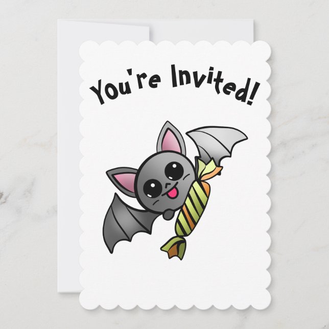 Invitation Bat d'Halloween mignonne avec fête de bonbons (Devant)