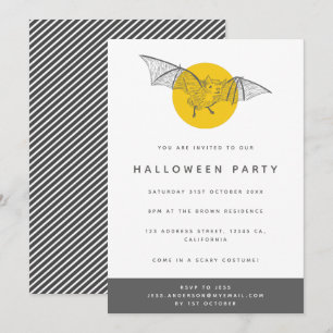 Invitation Bat Halloween   Mignonne Lune Jaune Fun Moderne