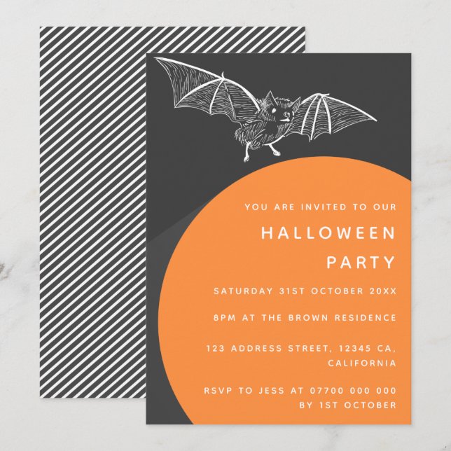 Invitation Bat Halloween | Moderne Black Orange élégant (Devant / Derrière)
