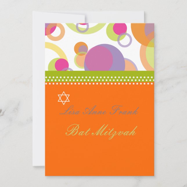 Invitation Bat Mitvah+Mod Bulles/orange/rose chaude (Devant)