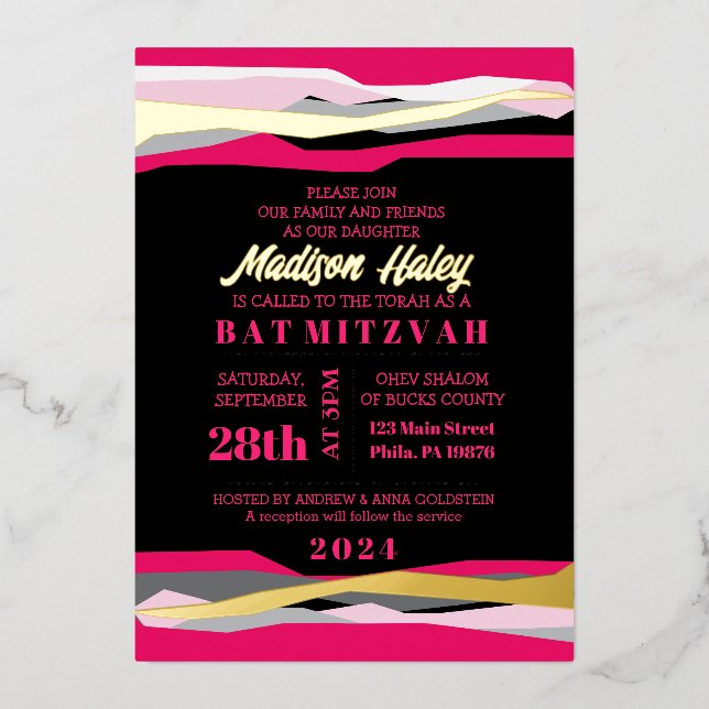 Invitation Bat mitzvah à barre rose chaude avec hu (Recto)