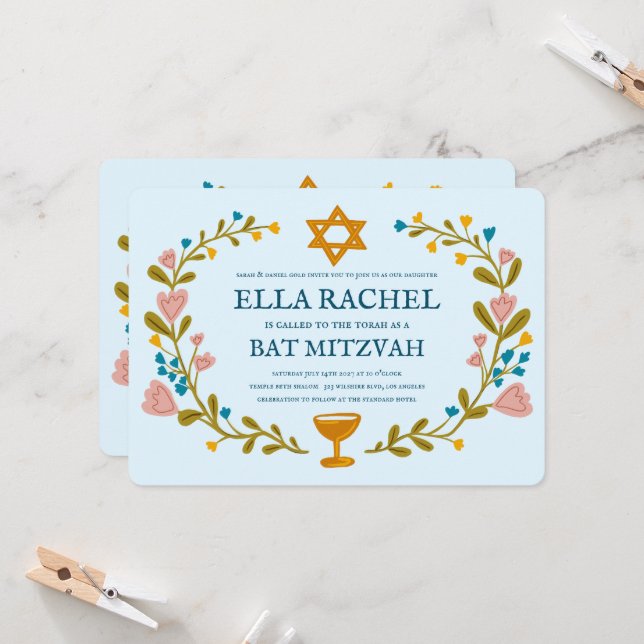 Invitation Bat mitzvah à couronne florale sur mesure dessiné  (Devant/Arrière en situation)