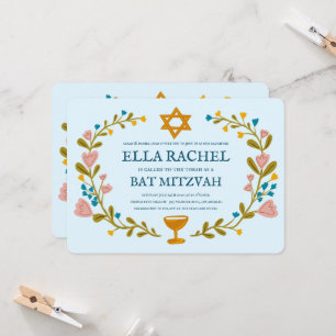 Invitation Bat mitzvah à couronne florale sur mesure dessiné 